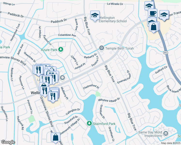 map of restaurants, bars, coffee shops, grocery stores, and more near 13316 Northumberland Circle in Wellington