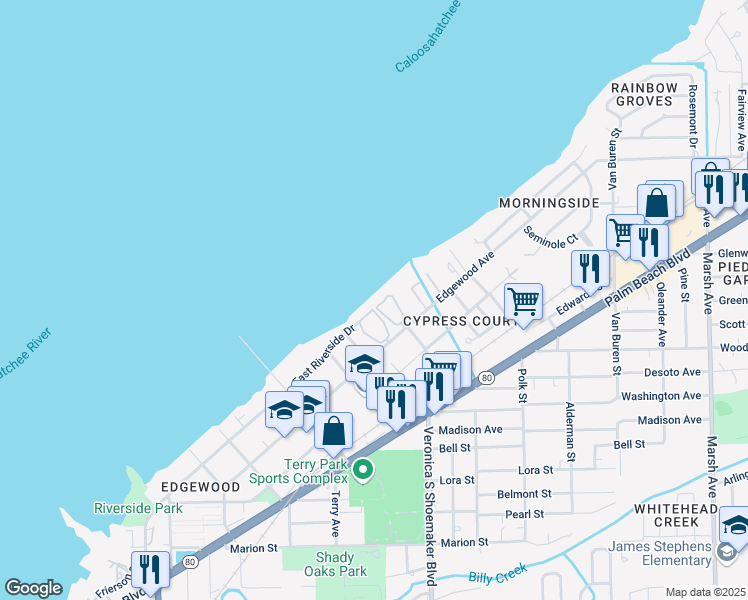 map of restaurants, bars, coffee shops, grocery stores, and more near 3639 Edgewood Avenue in Fort Myers