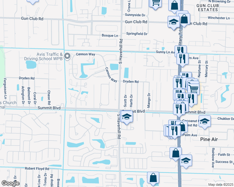 map of restaurants, bars, coffee shops, grocery stores, and more near 1139 Hill Drive in West Palm Beach