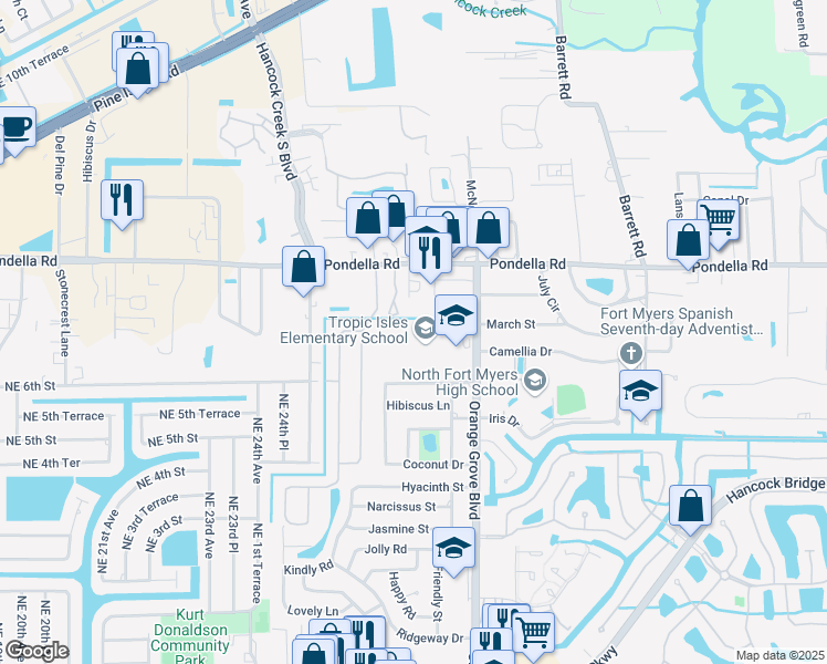 map of restaurants, bars, coffee shops, grocery stores, and more near 5145 Orange Grove Boulevard in North Fort Myers