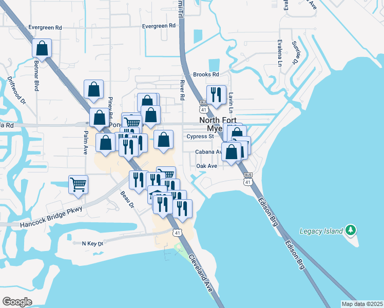 map of restaurants, bars, coffee shops, grocery stores, and more near 74 Cabana Avenue in North Fort Myers