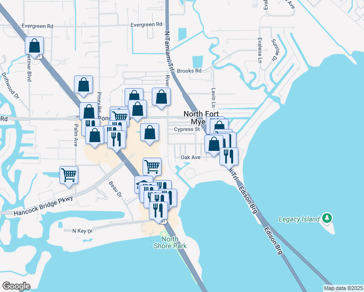 map of restaurants, bars, coffee shops, grocery stores, and more near 73 Cabana Avenue in North Fort Myers