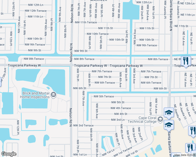 map of restaurants, bars, coffee shops, grocery stores, and more near 601 Northwest 7th Street in Cape Coral