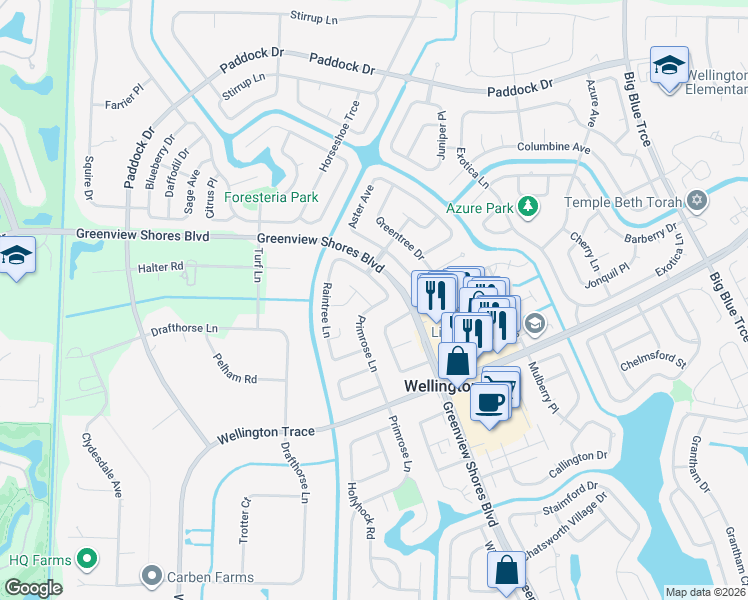 map of restaurants, bars, coffee shops, grocery stores, and more near 1117 Primrose Lane in Wellington