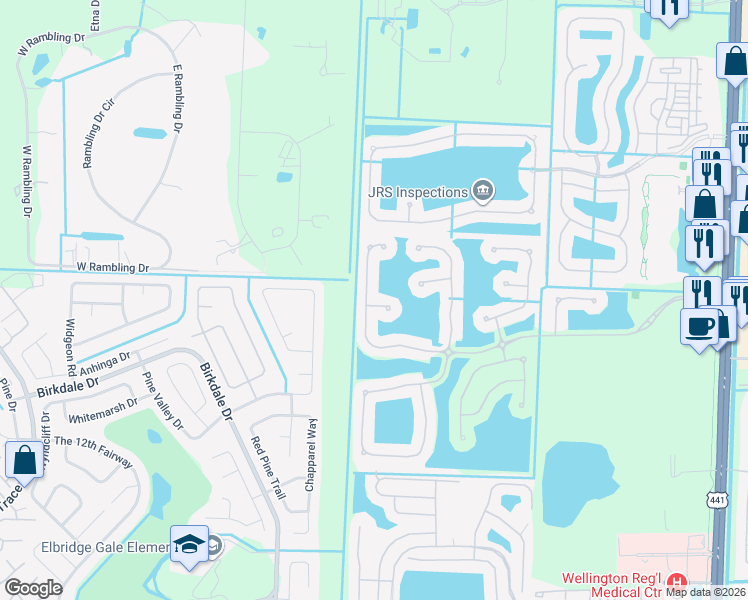 map of restaurants, bars, coffee shops, grocery stores, and more near 10637 Falls Street in Wellington