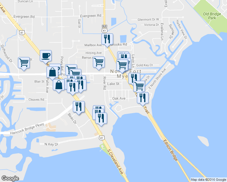 map of restaurants, bars, coffee shops, grocery stores, and more near 74 Cabana Avenue in North Fort Myers