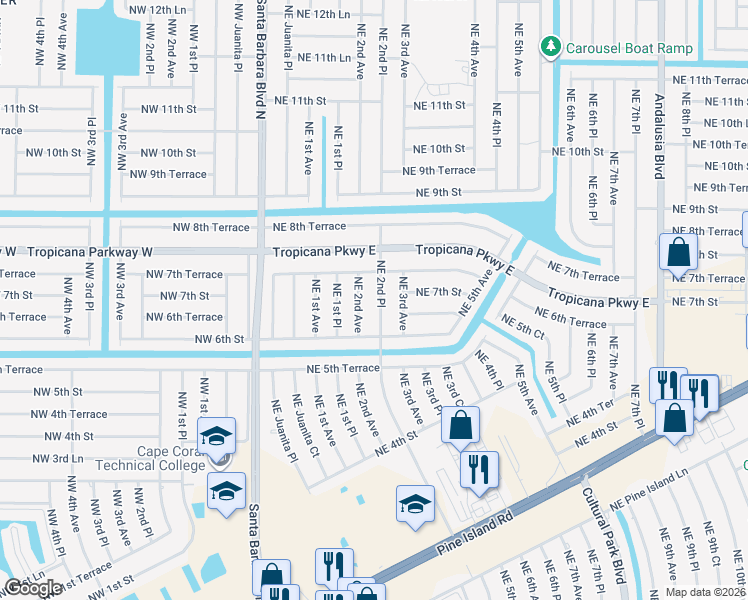 map of restaurants, bars, coffee shops, grocery stores, and more near 703 Northeast 2nd Place in Cape Coral