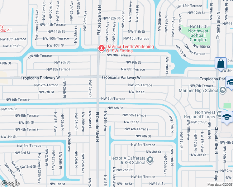 map of restaurants, bars, coffee shops, grocery stores, and more near 2301 Northwest 7th Street in Cape Coral