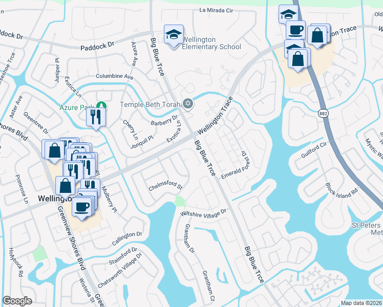 map of restaurants, bars, coffee shops, grocery stores, and more near 1063 Northumberland Court in Wellington