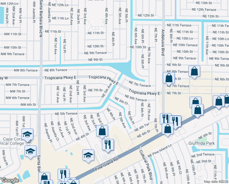 map of restaurants, bars, coffee shops, grocery stores, and more near 709 Northeast 5th Avenue in Cape Coral