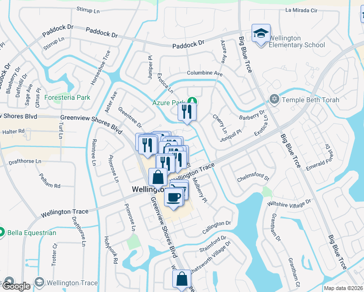 map of restaurants, bars, coffee shops, grocery stores, and more near 1134 Hyacinth Place in Wellington