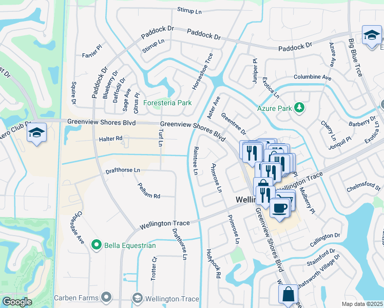 map of restaurants, bars, coffee shops, grocery stores, and more near 1162 Raintree Lane in Wellington