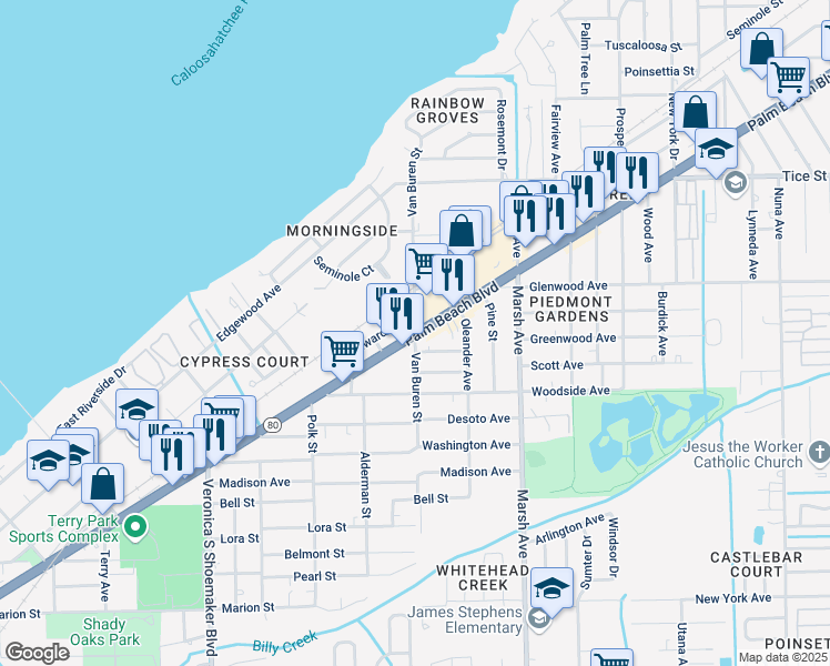 map of restaurants, bars, coffee shops, grocery stores, and more near Palm Beach Boulevard & Van Buren Street in Fort Myers
