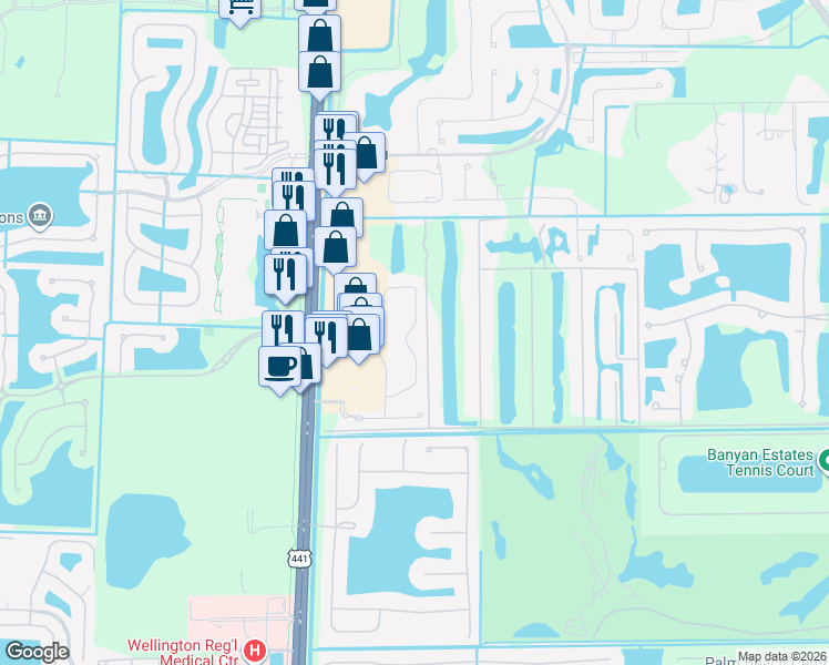 map of restaurants, bars, coffee shops, grocery stores, and more near 989 Quaye Lake Circle in Wellington