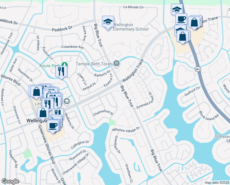 map of restaurants, bars, coffee shops, grocery stores, and more near 1063 Northumberland Court in Wellington