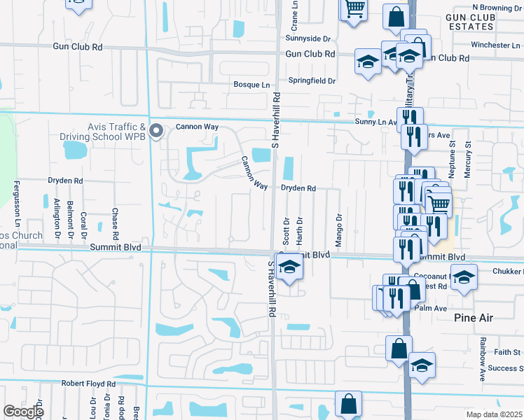 map of restaurants, bars, coffee shops, grocery stores, and more near 799 Hill Drive in West Palm Beach