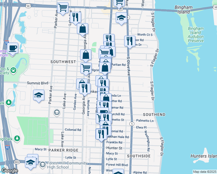 map of restaurants, bars, coffee shops, grocery stores, and more near 5400 South Dixie Highway in West Palm Beach