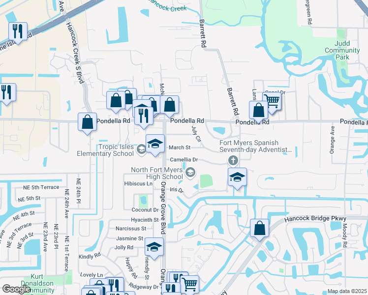 map of restaurants, bars, coffee shops, grocery stores, and more near 800 March Street in North Fort Myers