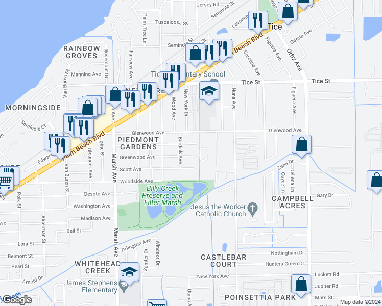 map of restaurants, bars, coffee shops, grocery stores, and more near 4465 Greenwood Avenue in Fort Myers
