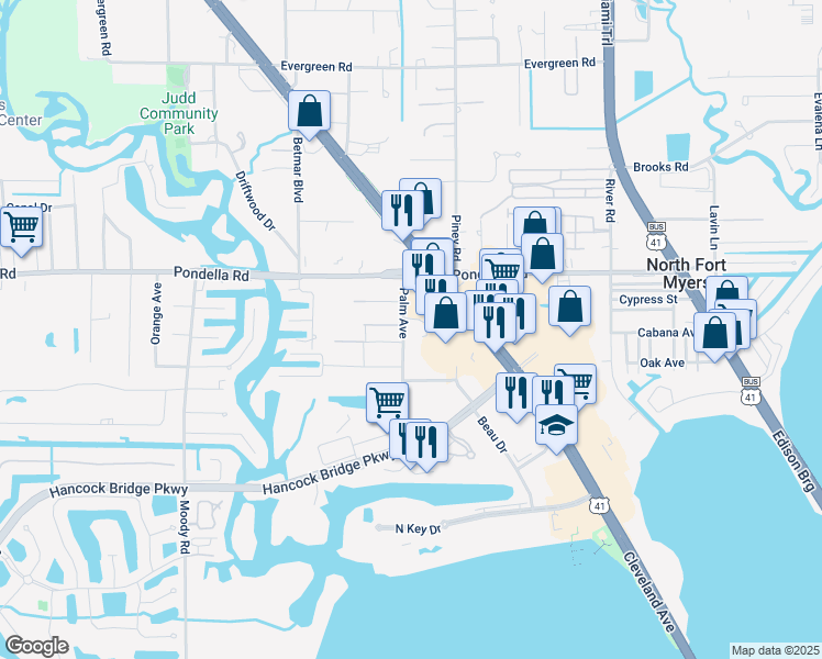 map of restaurants, bars, coffee shops, grocery stores, and more near 1170 Palm Avenue in North Fort Myers
