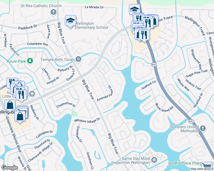 map of restaurants, bars, coffee shops, grocery stores, and more near 13120 Purslane Terrace in Wellington