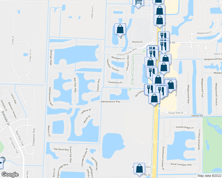 map of restaurants, bars, coffee shops, grocery stores, and more near 1207 Creekside Drive in Wellington