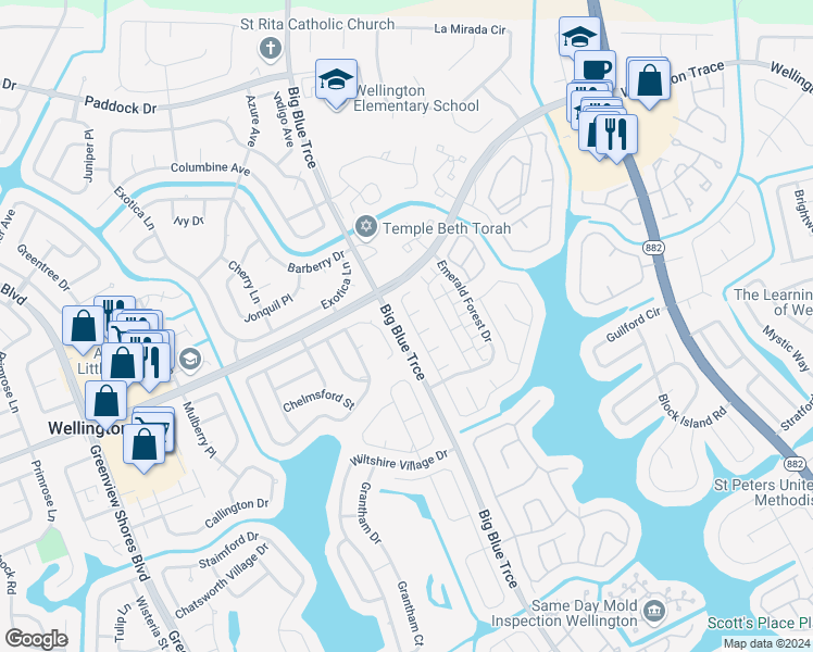 map of restaurants, bars, coffee shops, grocery stores, and more near 1488 Lake Breeze Drive in Wellington