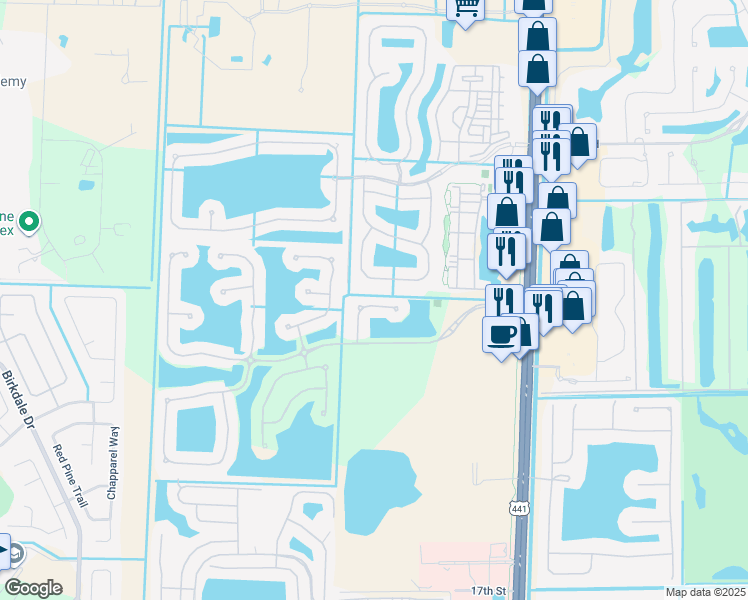 map of restaurants, bars, coffee shops, grocery stores, and more near 1207 Creekside Drive in Wellington