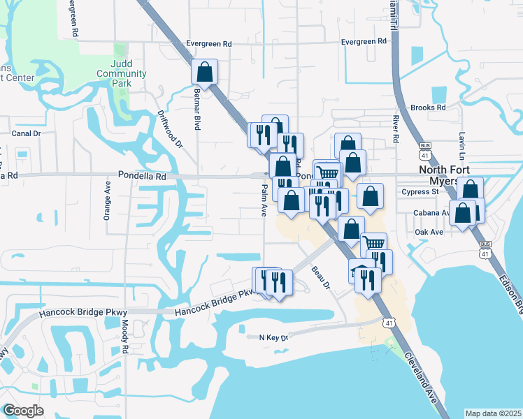 map of restaurants, bars, coffee shops, grocery stores, and more near 1170 Palm Avenue in North Fort Myers