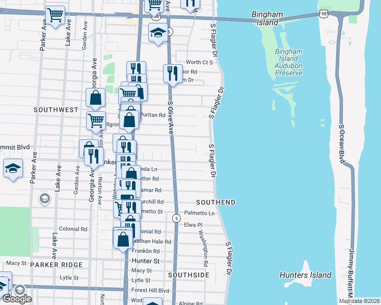 map of restaurants, bars, coffee shops, grocery stores, and more near 220 Essex Lane in West Palm Beach