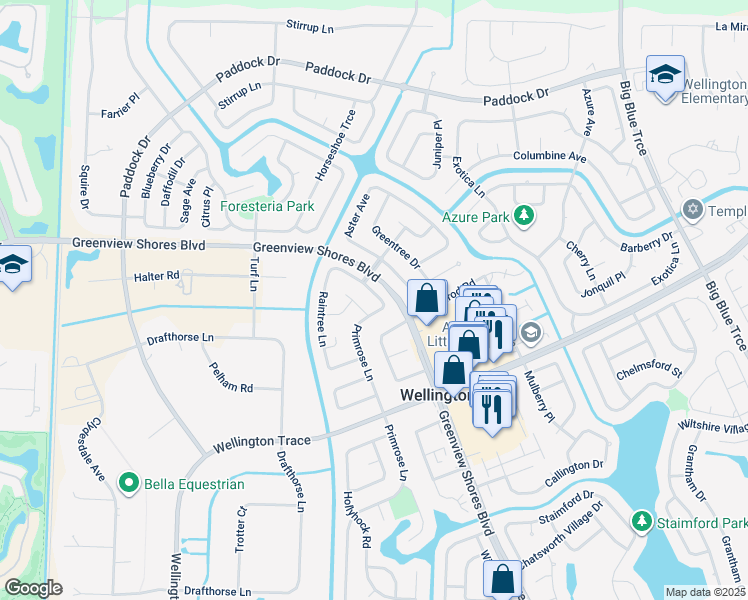 map of restaurants, bars, coffee shops, grocery stores, and more near 1117 Primrose Lane in Wellington
