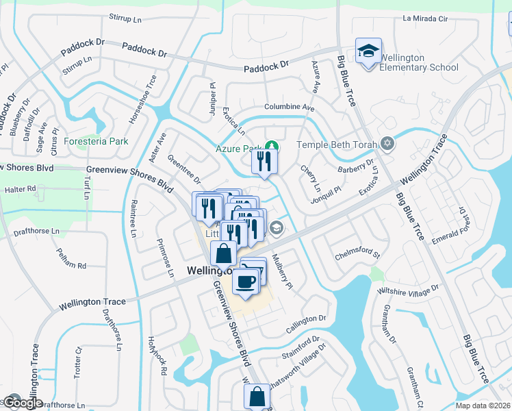 map of restaurants, bars, coffee shops, grocery stores, and more near 1126 Hyacinth Place in Wellington