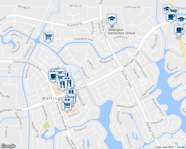 map of restaurants, bars, coffee shops, grocery stores, and more near 13548 Jonquil Place in Wellington
