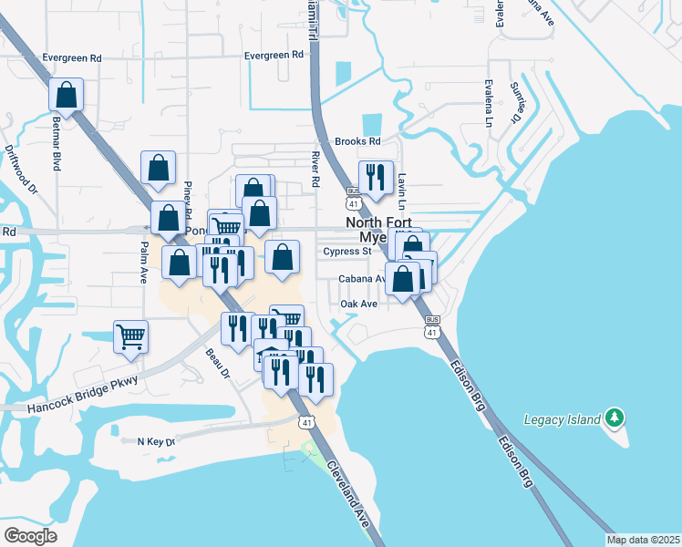 map of restaurants, bars, coffee shops, grocery stores, and more near 74 Cabana Avenue in North Fort Myers
