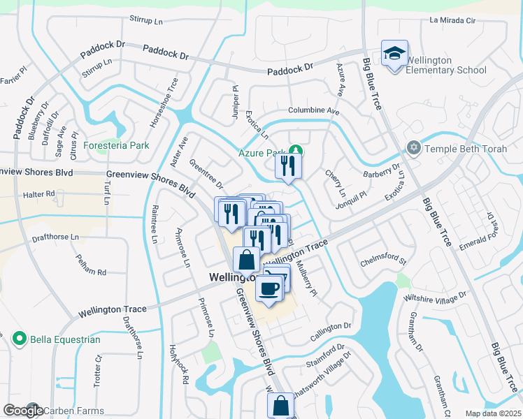 map of restaurants, bars, coffee shops, grocery stores, and more near 1078 Crassula Ct in Wellington