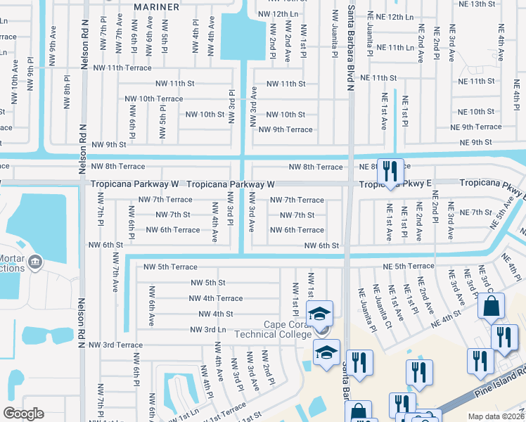 map of restaurants, bars, coffee shops, grocery stores, and more near 702 Northwest 2nd Place in Cape Coral