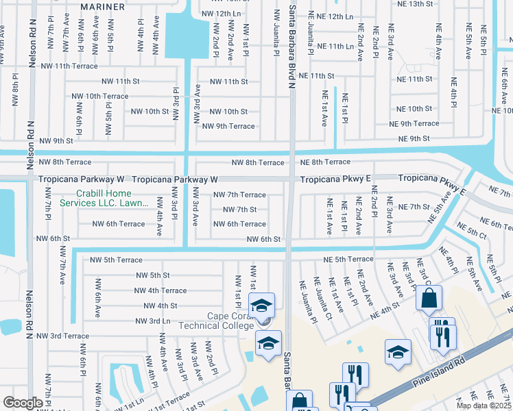 map of restaurants, bars, coffee shops, grocery stores, and more near 103 Northwest 7th Street in Cape Coral