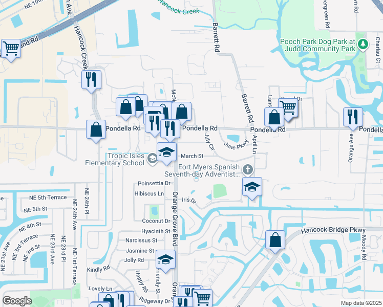 map of restaurants, bars, coffee shops, grocery stores, and more near 792 March Street in North Fort Myers