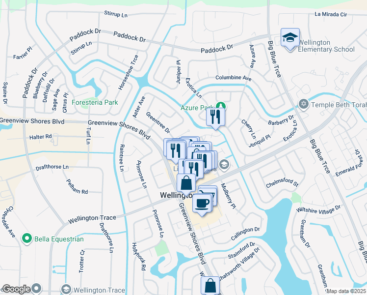 map of restaurants, bars, coffee shops, grocery stores, and more near 1101 Goldenrod Road in Wellington