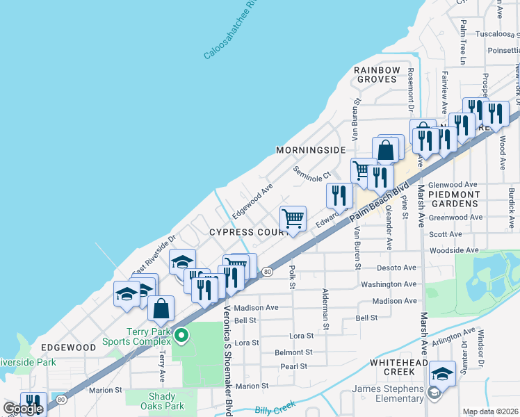 map of restaurants, bars, coffee shops, grocery stores, and more near 626 Polk Street in Fort Myers