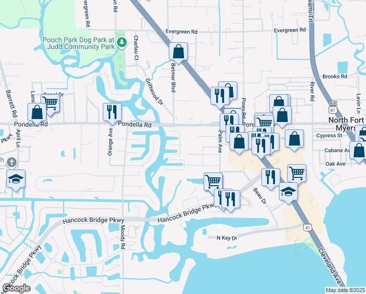 map of restaurants, bars, coffee shops, grocery stores, and more near 1189 Betmar Boulevard in North Fort Myers