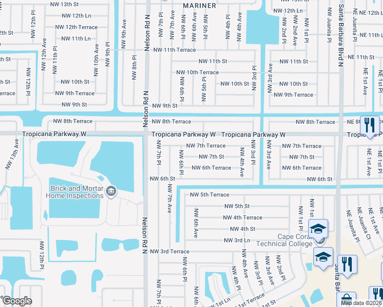 map of restaurants, bars, coffee shops, grocery stores, and more near 601 Northwest 7th Street in Cape Coral