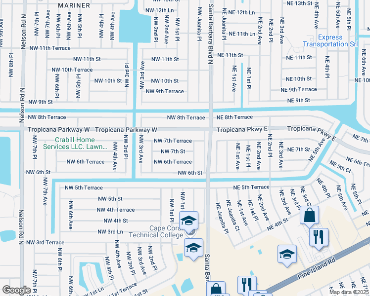 map of restaurants, bars, coffee shops, grocery stores, and more near 103 Northwest 7th Street in Cape Coral