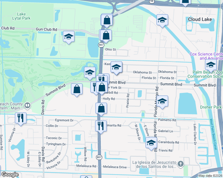 map of restaurants, bars, coffee shops, grocery stores, and more near 2890 New York Street in West Palm Beach