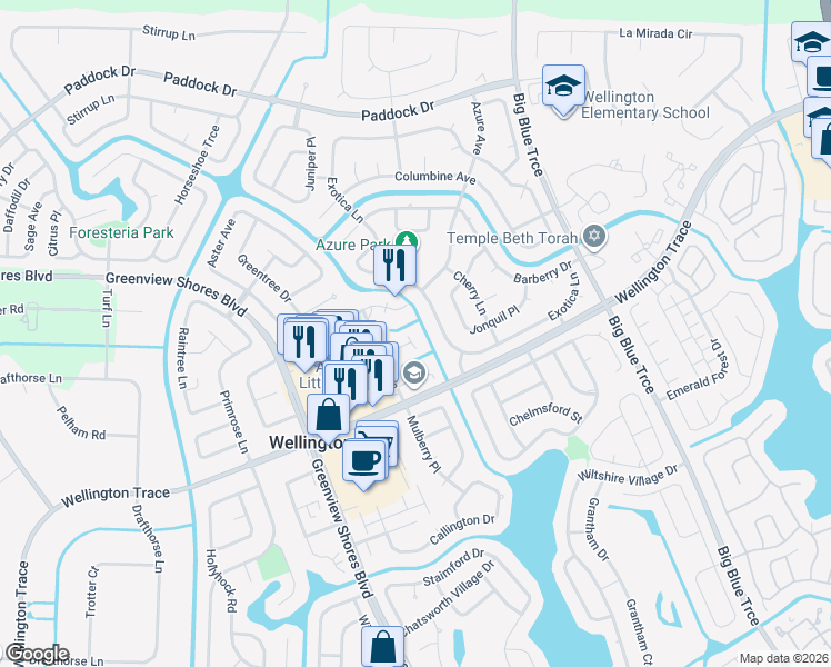 map of restaurants, bars, coffee shops, grocery stores, and more near 13765 Bottlebrush Court in Wellington
