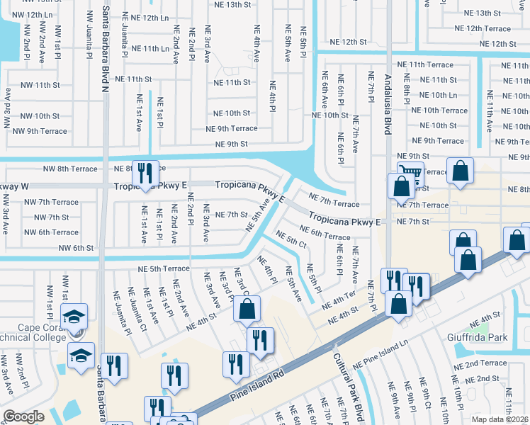 map of restaurants, bars, coffee shops, grocery stores, and more near 709 Northeast 5th Avenue in Cape Coral