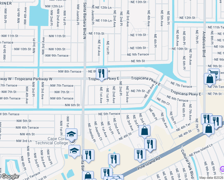 map of restaurants, bars, coffee shops, grocery stores, and more near 704 Northeast 2nd Avenue in Cape Coral