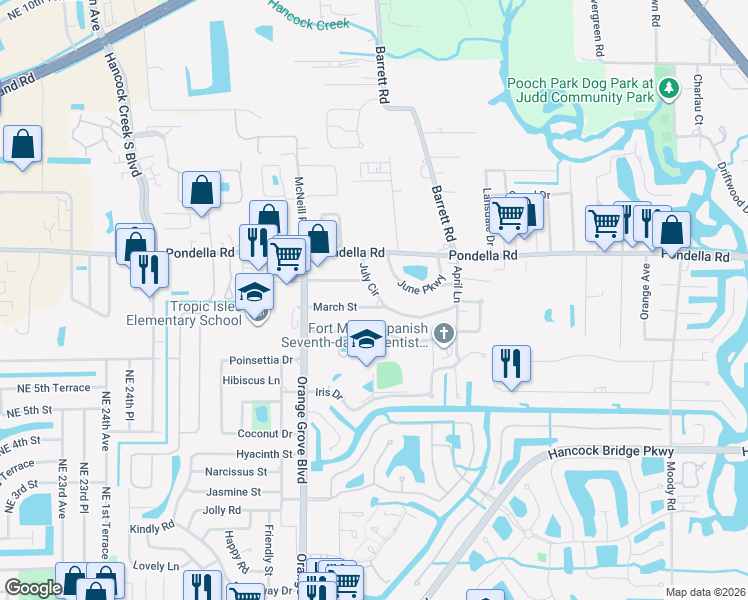 map of restaurants, bars, coffee shops, grocery stores, and more near 788 July Circle in North Fort Myers