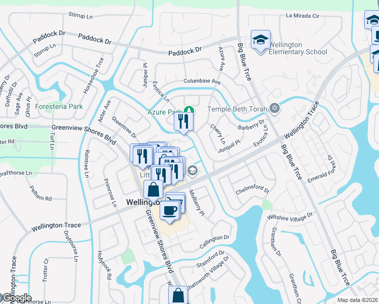 map of restaurants, bars, coffee shops, grocery stores, and more near 13789 Bottlebrush Court in Wellington