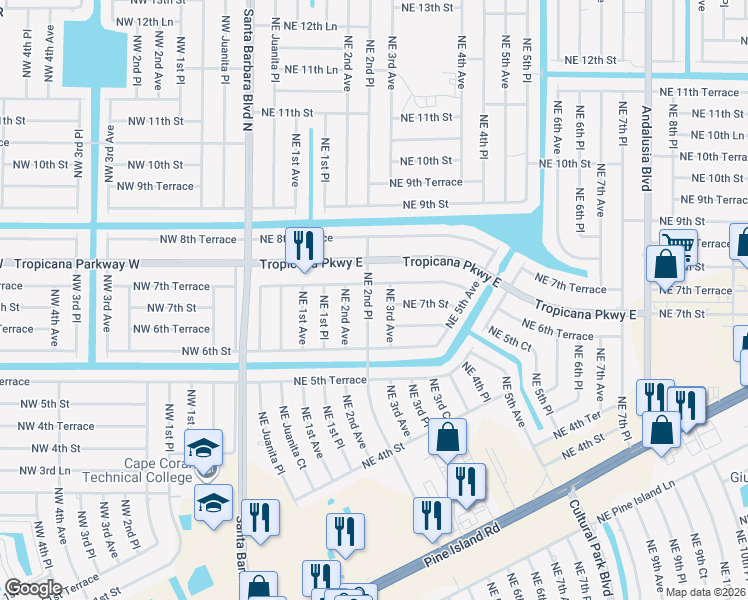 map of restaurants, bars, coffee shops, grocery stores, and more near 703 Northeast 2nd Place in Cape Coral